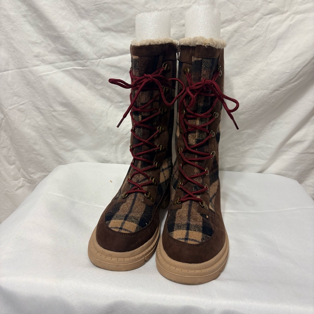 Hayleigh Lace-Up Winter Boots in a brown plaid pattern. - Picture 4 of 13